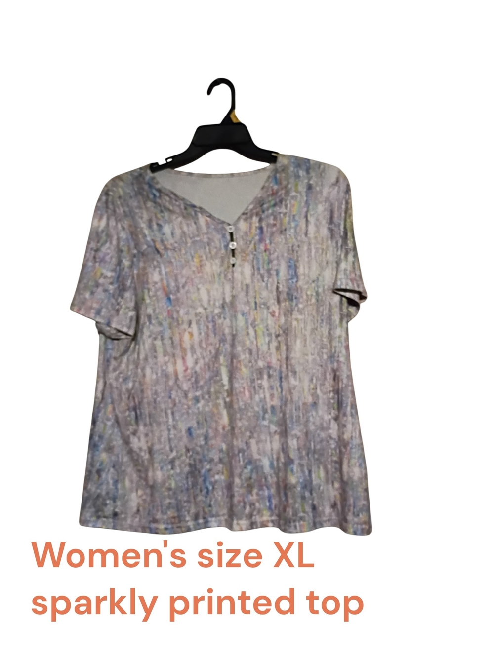 Sparkly Multicolor V-Neck Short Sleeve Top - Women's XL